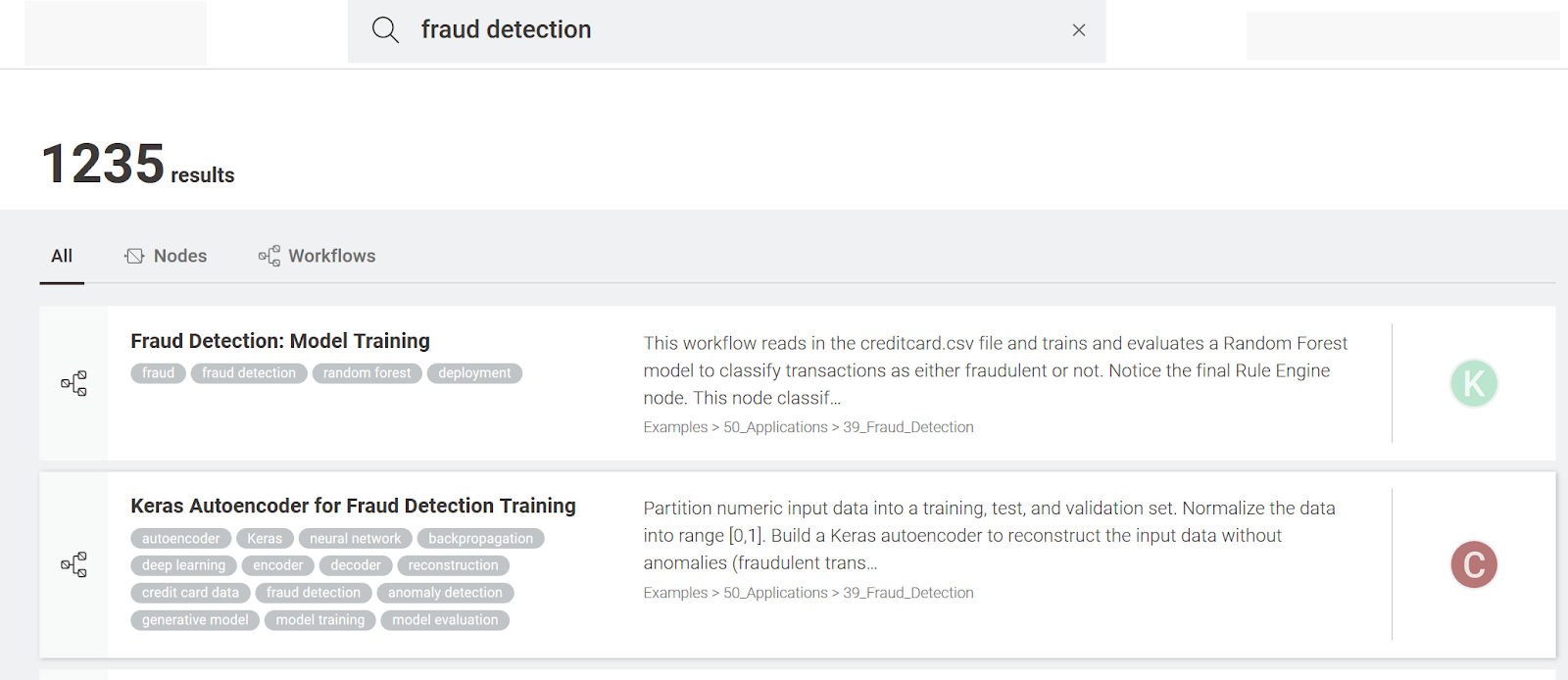 Figure 5. Top two results on the Workflow Hub after a search for “fraud detection”