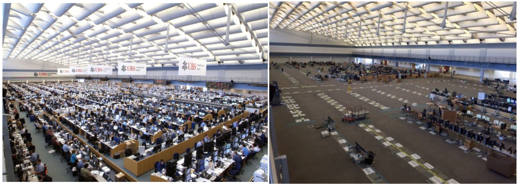 UBS trading floor in 2008 vs 2016. Financial crisis plus automation. Source: AtozMarkets