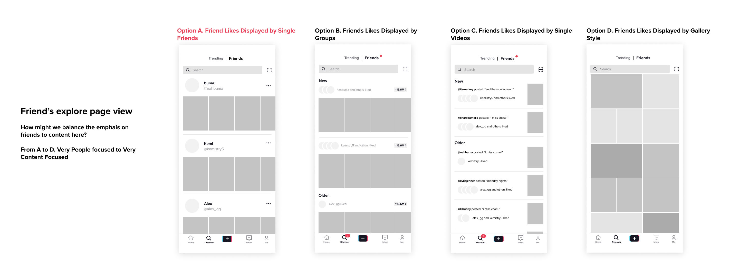 Medium fidelity of friends explore page organization