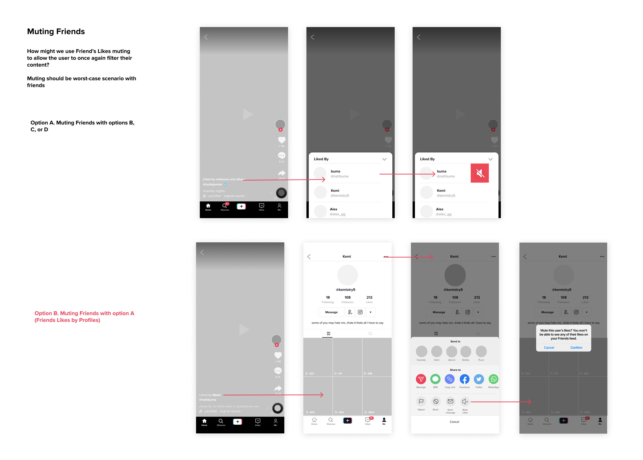 Medium fidelity explorations for muting friends