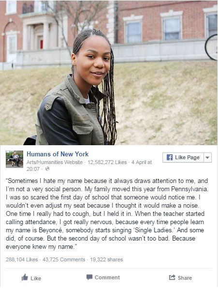HONY post on a girl, named Beyonce, who shares her embarrassing instances