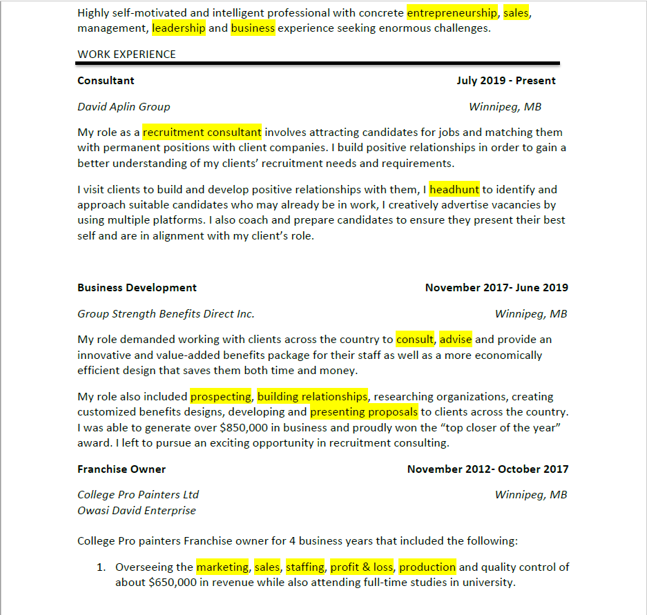 Author’s Resume highlighting keywords