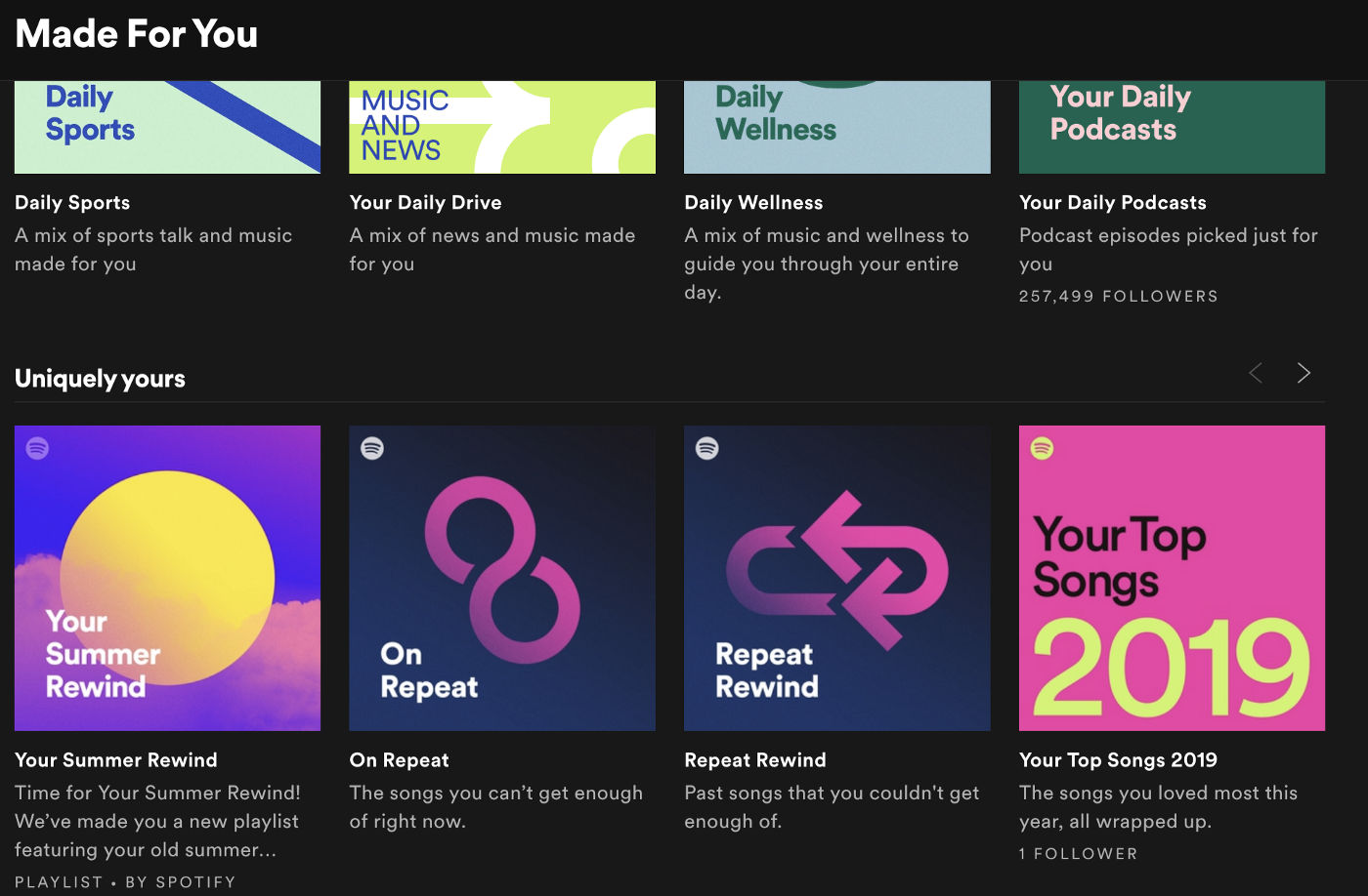 Spotify’s Made for You section of the app, including curated lists and lists based on a customer’s usage.