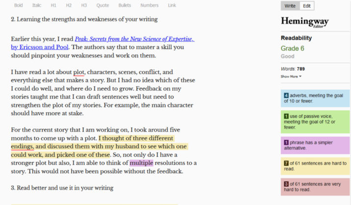 A screenshot of Hemingway App for the current article-in-progress