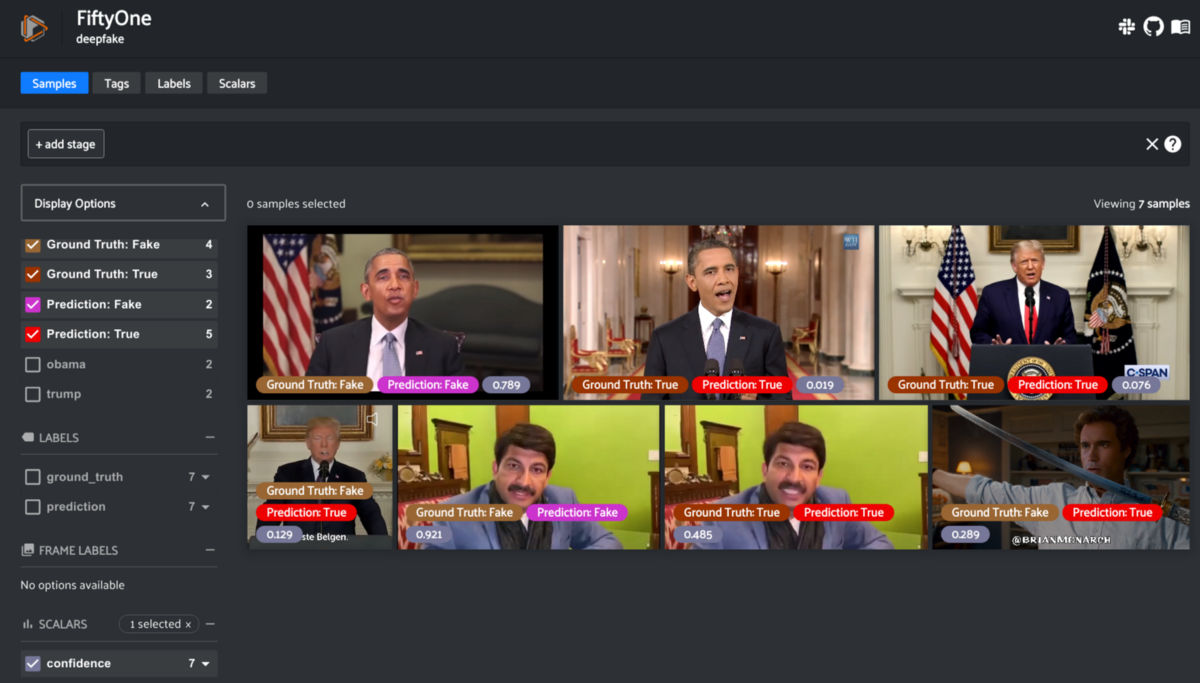 Results visualized in FiftyOne. Ground Truth indicates if the video is actually real or fake and Prediction indicates what the model predicted the video as.