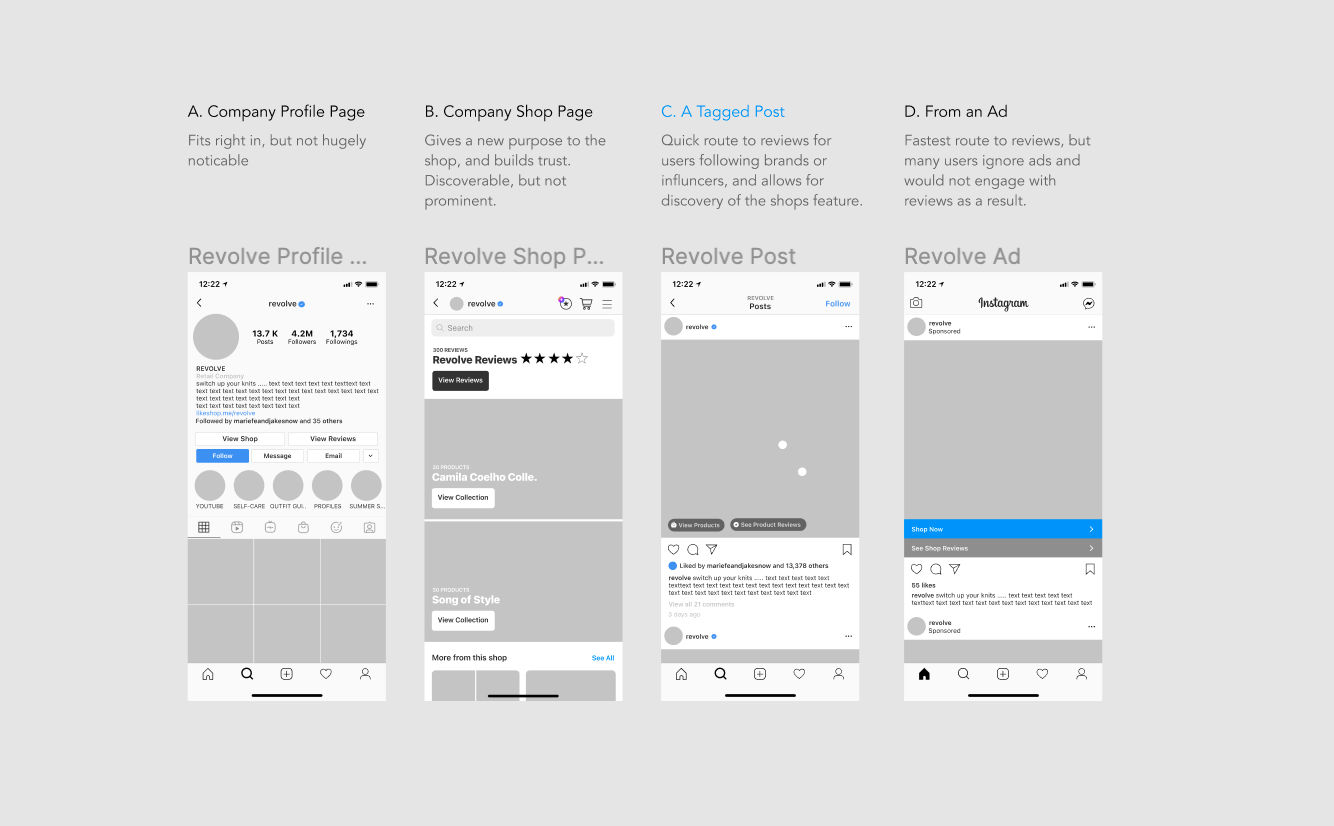 Medium Fidelity Mockups of The Four Flows & Entry Points Explored for Reviews