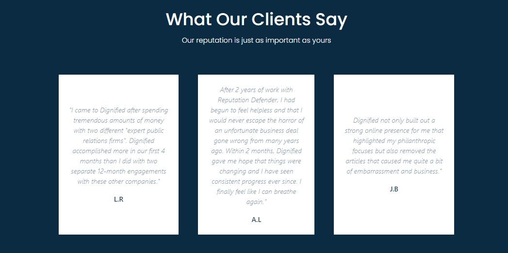 dignifiedonline uses a testimonial section on their landing page
