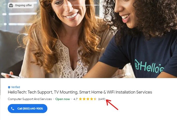 HelloTech Google Business Page shows rating
