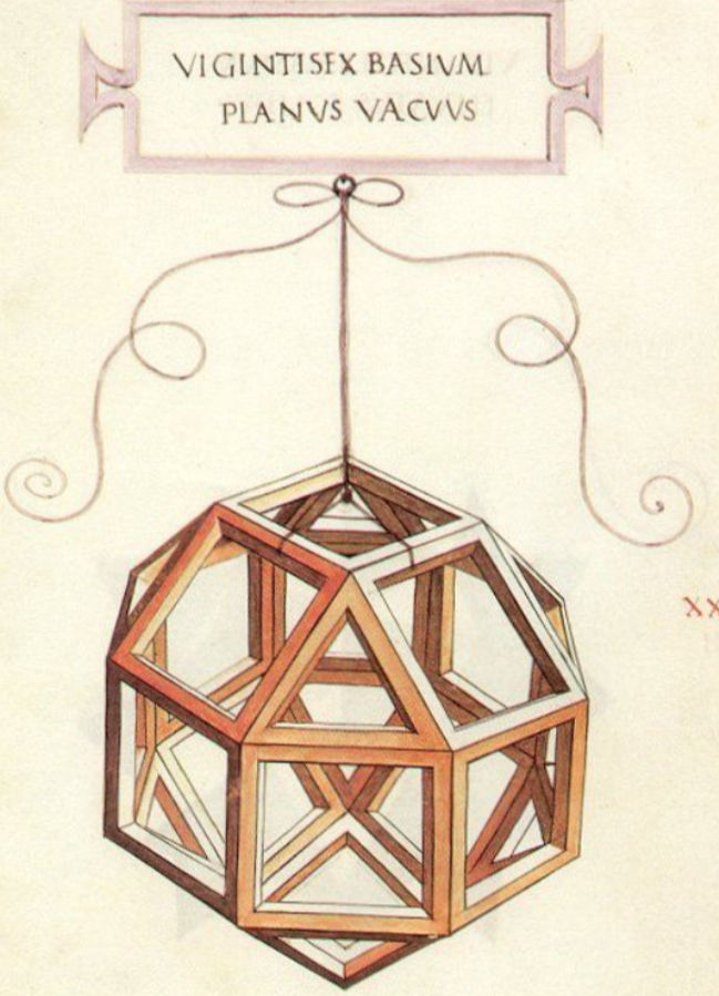Leonardo Da Vinci
 made a series of drawings in a book called 
On Divine Proportion
 written by his friend and mathematician 
Luca Pacioli
. This rhombicuboctahedron is one of those drawings and is the closest thing to a perfect representation of a logical edifice.