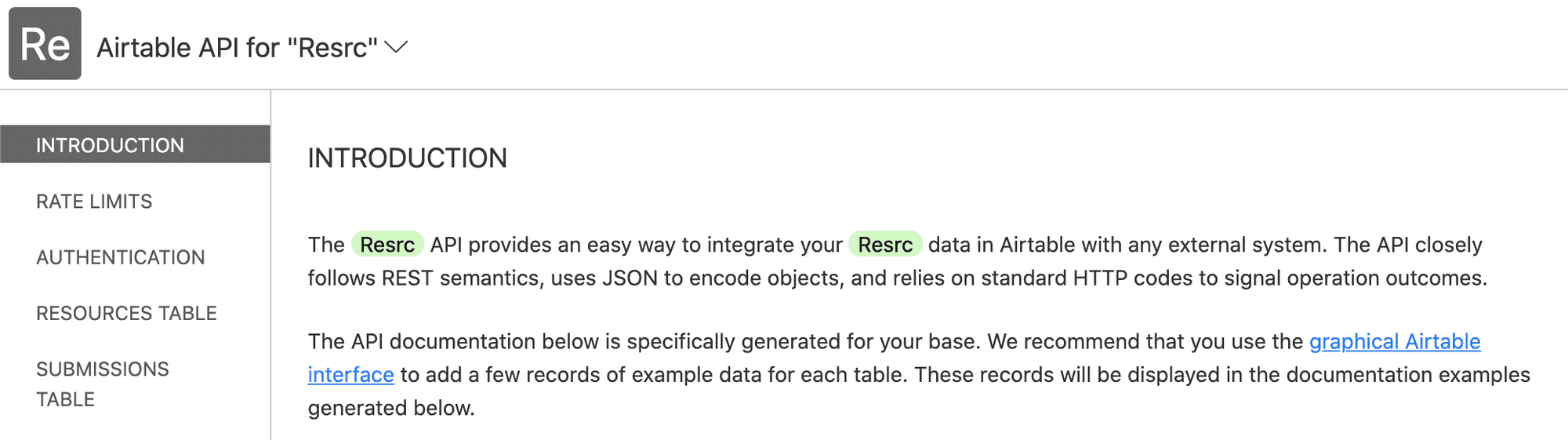 Airtable API documentation for Resrc