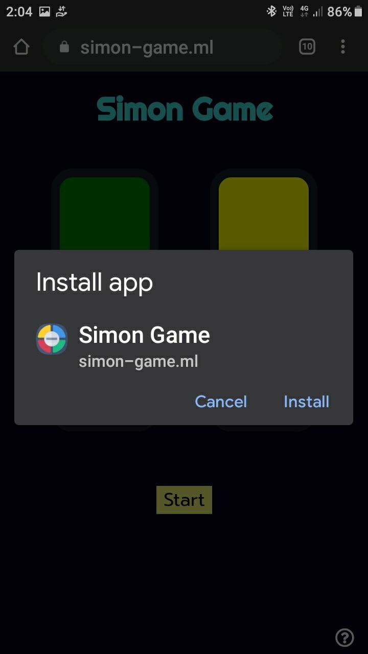 Simon Game install prompt on android (chrome)