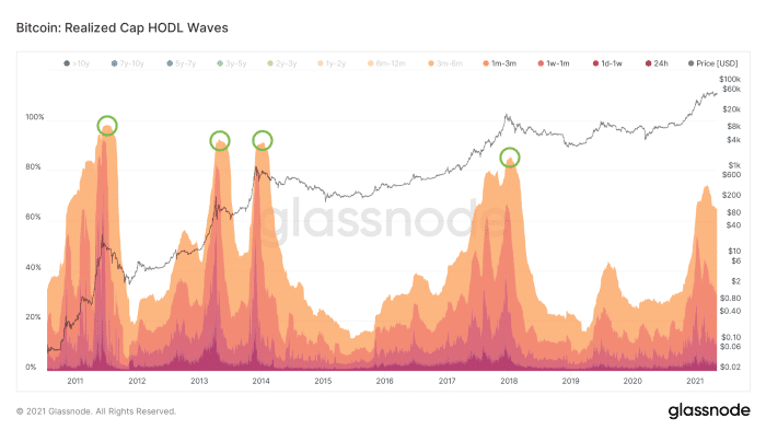 This bundle of all active supply age bands, aka HODL Waves, is weighted by the realized price of each bitcoin. Colored bands show the value of bitcoins that were last moved within the respective time period, with only short-term HODL waves displayed.