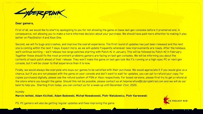 CD Projekt Red’s apology tweet | Credit: Cyberpunk 2077 Twitter account