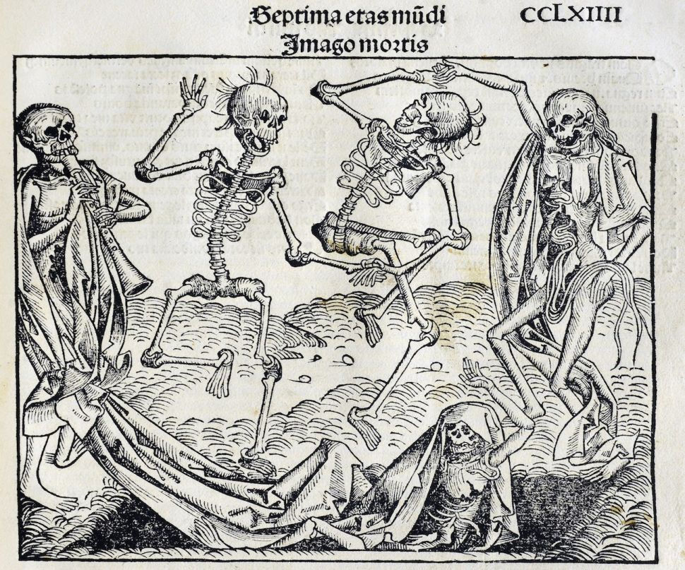 Illustration  from Liber chronicarum, 1. CCLXIIII; Skeletons are rising from the dead  for the dance of death. (Image credit: Anton Koberger, 1493/Public  domain)