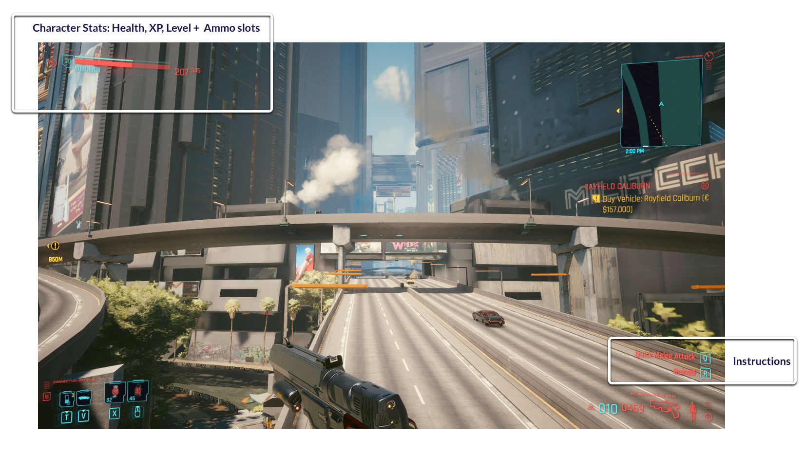 Image 3: an explanation of Cyberpunk 2077’s HUD when not in combat and with a drawn weapon.
