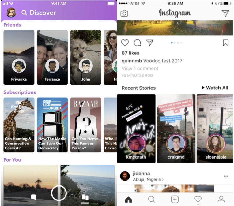 Snapchat’s (left) vs. Instagram’s (right) Stories UI