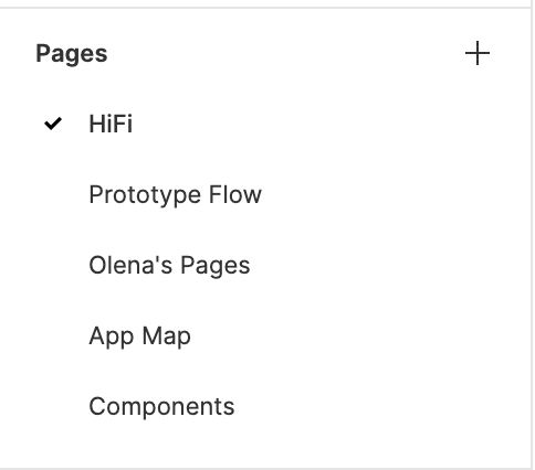 Figma’s pages panel, located above the later panel helps group relevant screens together in named categories.