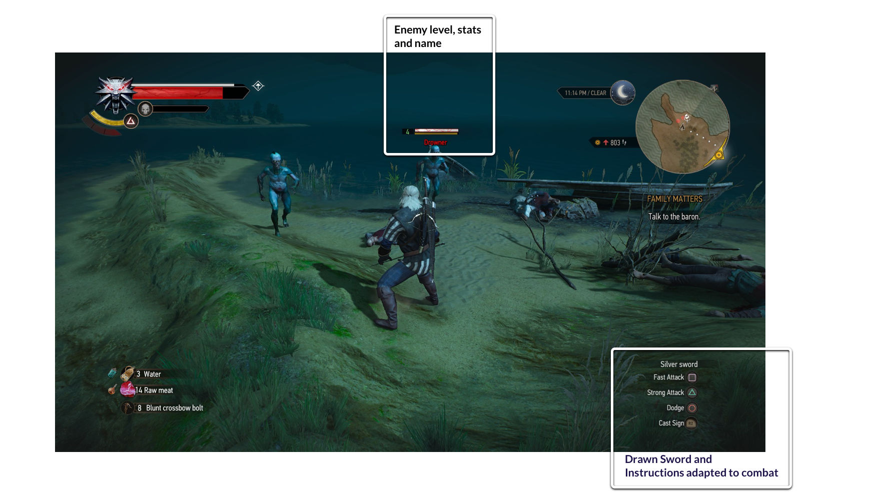 An explanation of The Witcher 3: Wild Hunt’s HUD when not in combat and without a drawn weapon.