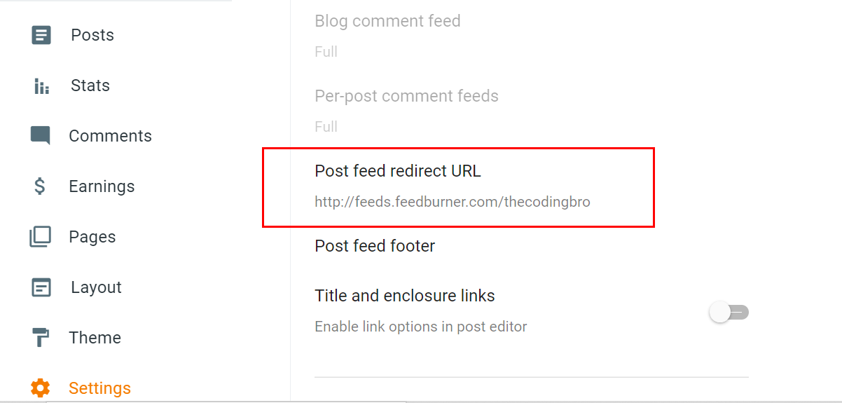 Paste RSS Feed URL in your Blogger Setting