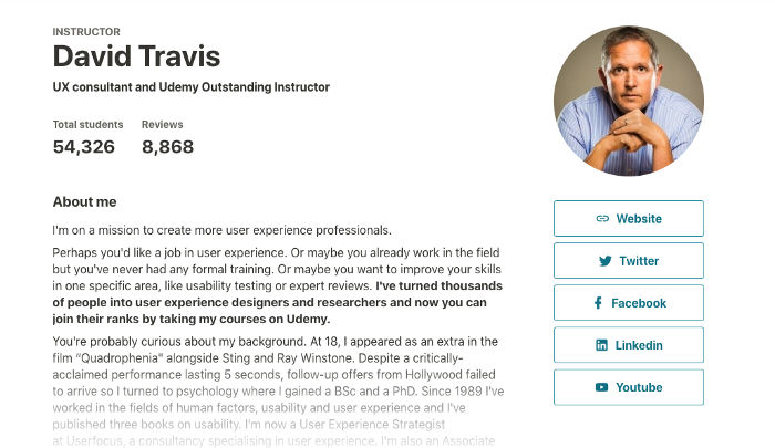 Screen from the Udemy instructors profile