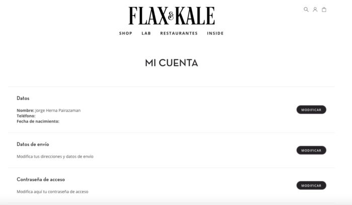 Flax & Kale current My account page