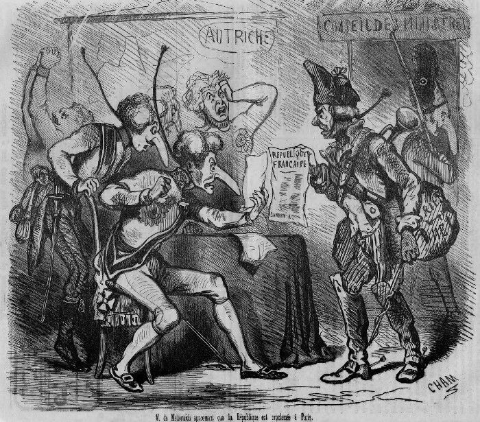 Metternich (sitting) receives the message that France proclaimed the Republic in 1848 (Amédée de Noé). Source wikipedia