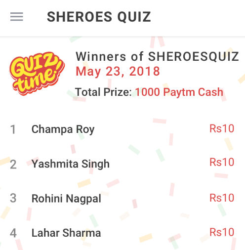 Winners screen from SHEROES Quiz feature