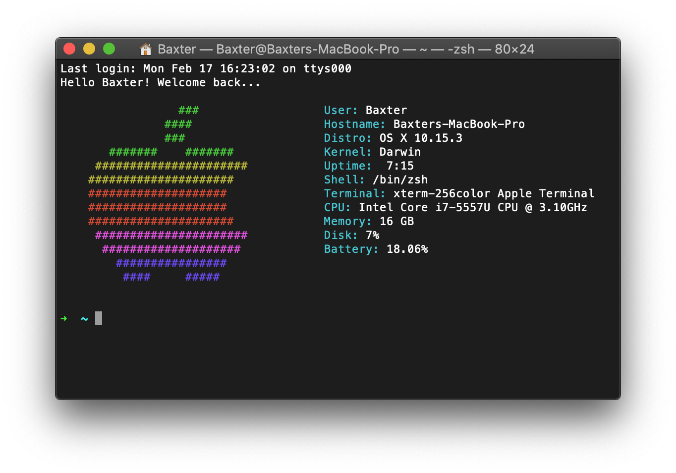 My bash profile greets me with a cute colorful Apple logo and some system info … like a low battery!