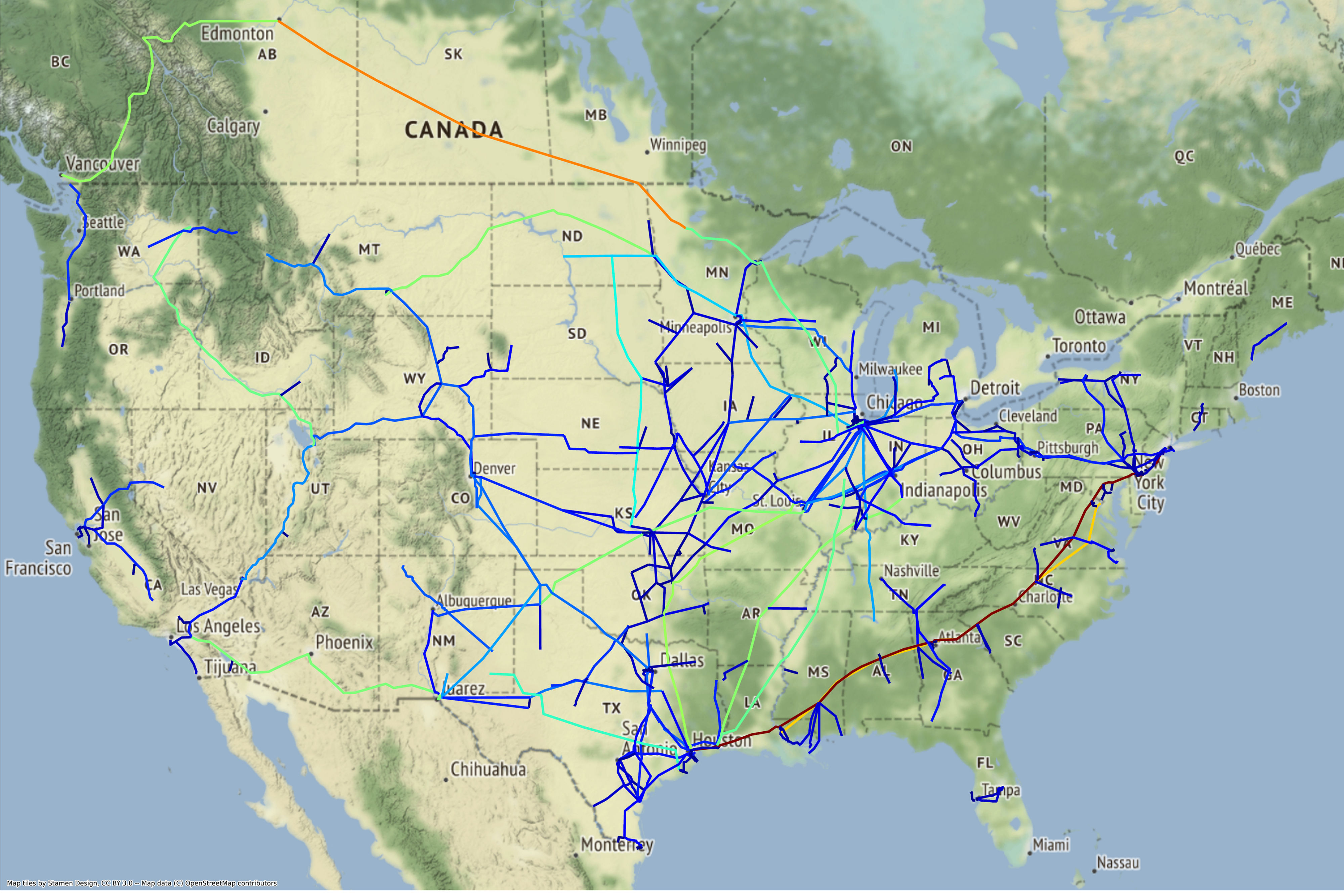 Major petroleum product pipelines in the United States. Source: EIA. Image credits: Skanda Vivek