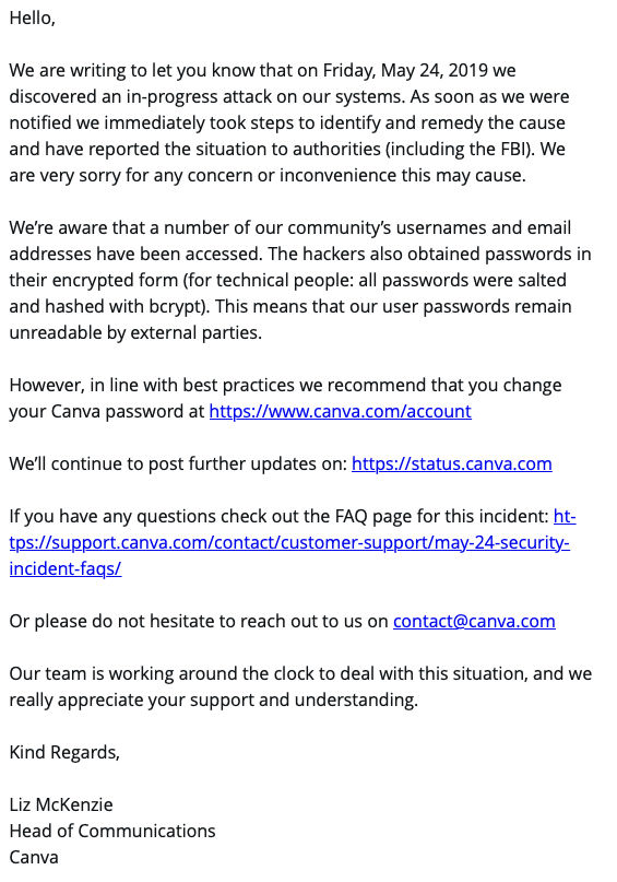The email sent by Canva on 26th May 2019 informing its customers