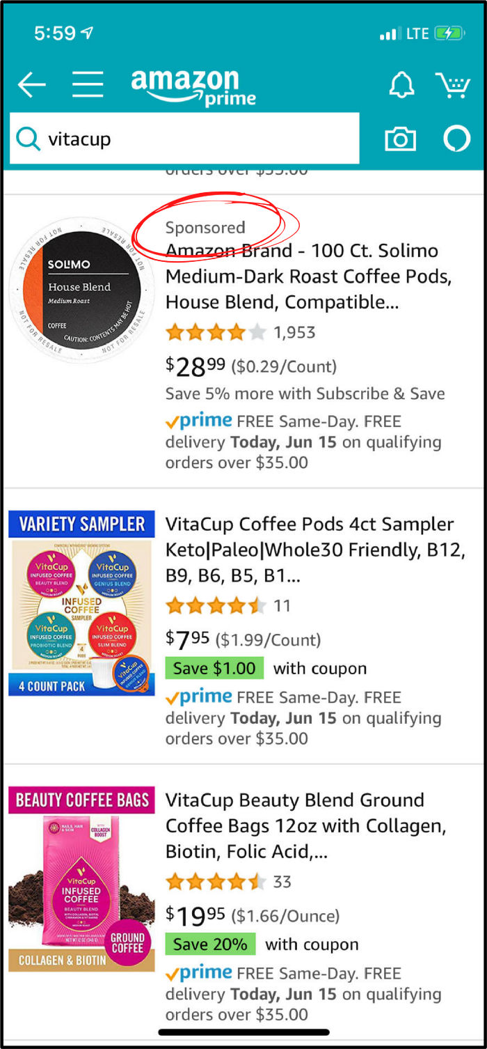The result of a“Vitacup” search on Amazon. Screenshot from Linkedin 2019.