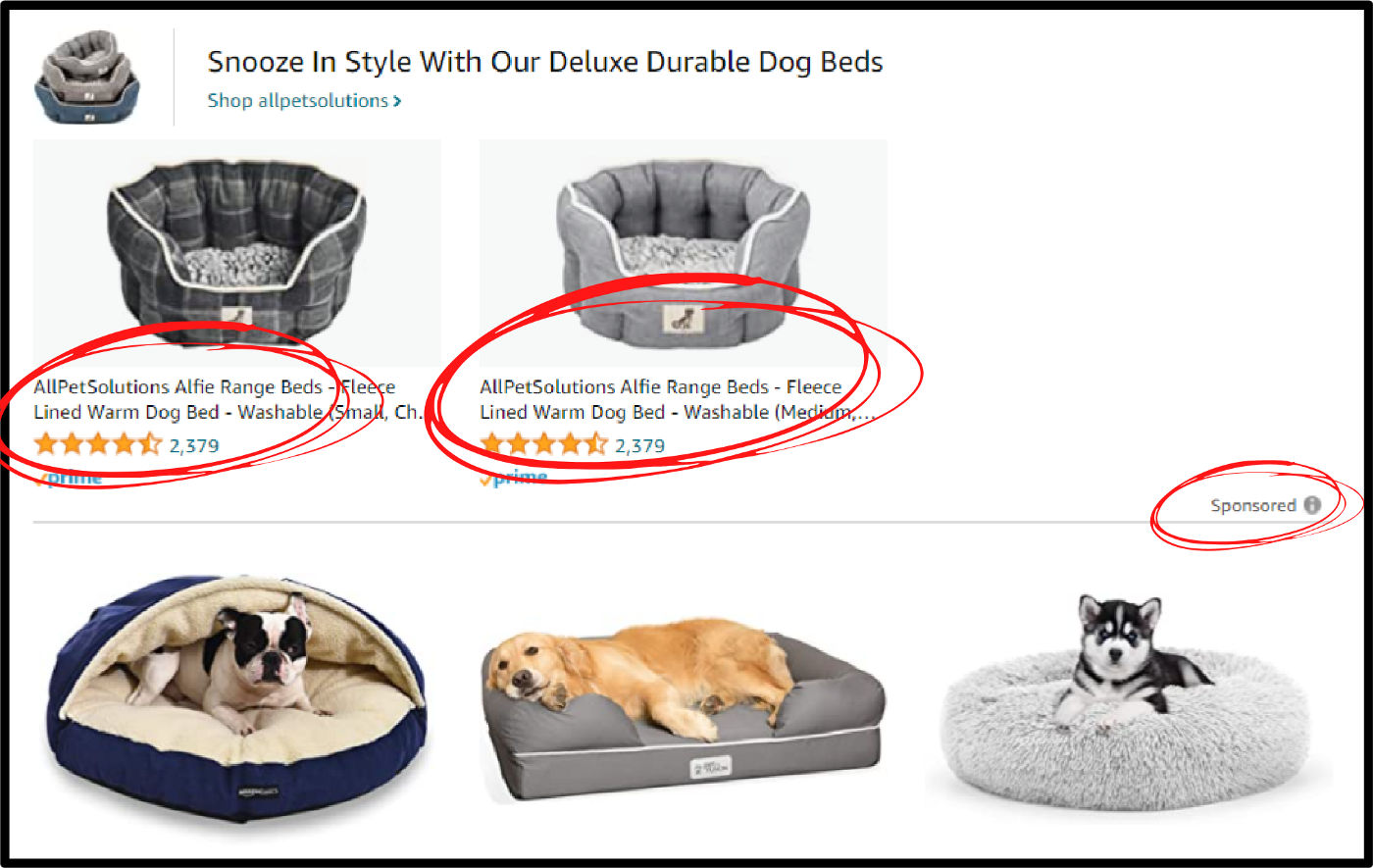 Screenshot of the result of a “Dog bed” search on Amazon UK.