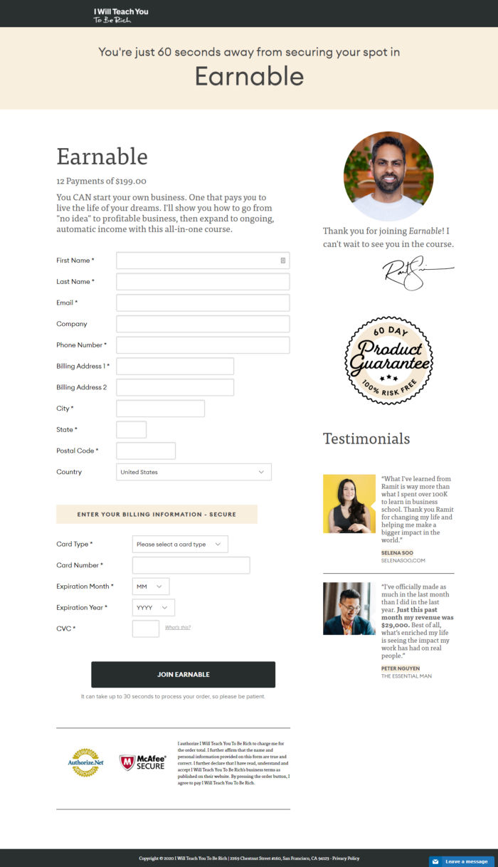 Ramit Sethi’s Earnable Course Purchase Page