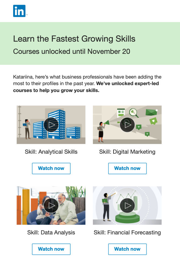 LinkedIn  offers free personalized courses for its users in their newsletters.  The reader has to act fast if they want to access the courses, as  they’re only available for a limited time.