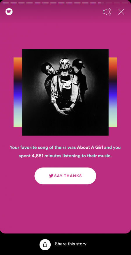 Spotify  utilizes personalization in their yearly Wrapped recaps. It tells  individual users their favorite artists and songs of the year, as well  as the time they spent listening to music in minutes. The users are  encouraged to share their listening statistics with their social media  networks.