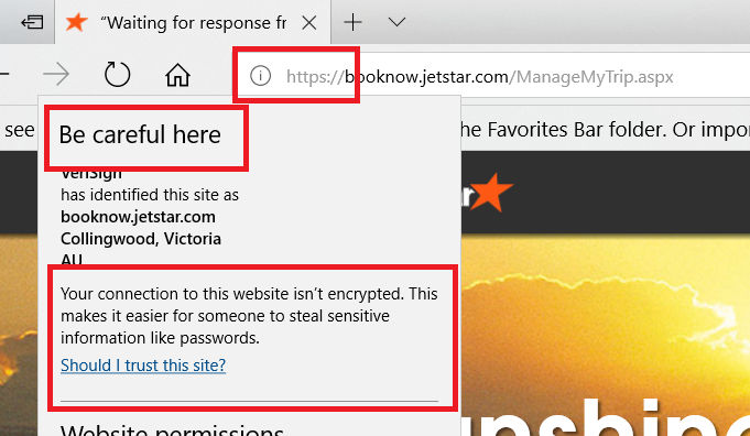 Website content not encrypted warning (Edge Browser)