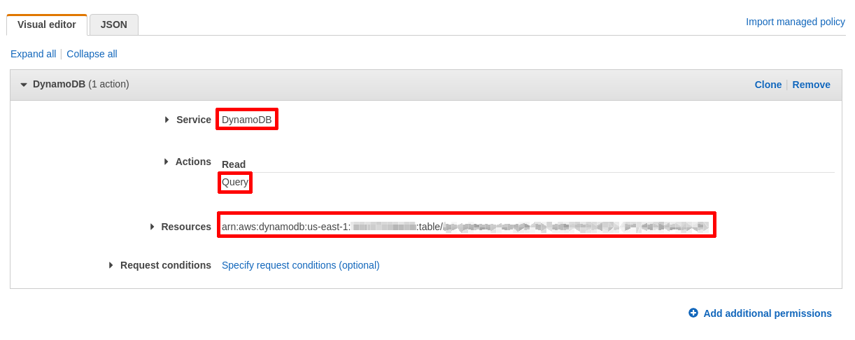 Add the inline policy to grant query access on DynamoDB table