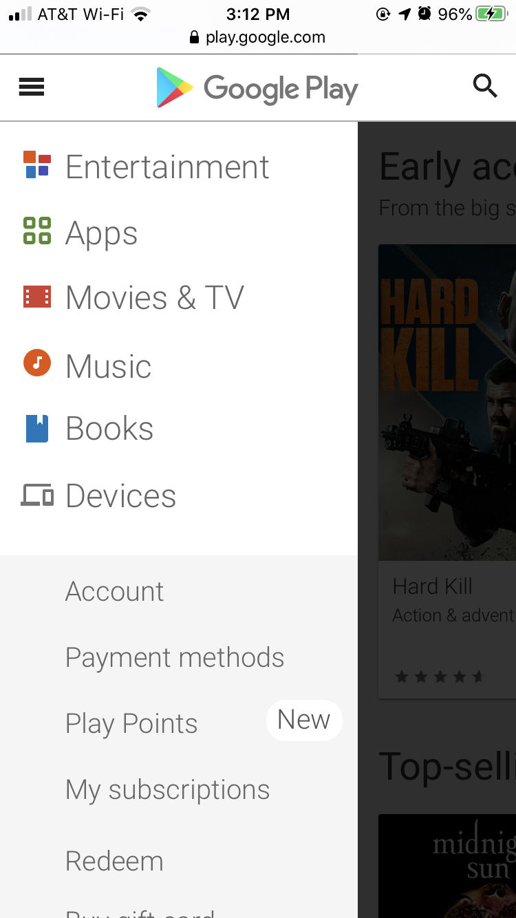 The Google Play  Store, hamburger menu expanded into a scrollable side-drawer.