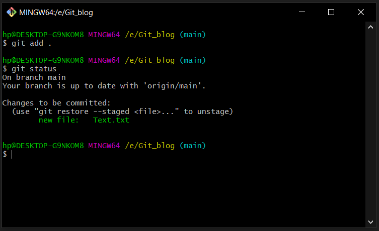 Git add and git status commands in action