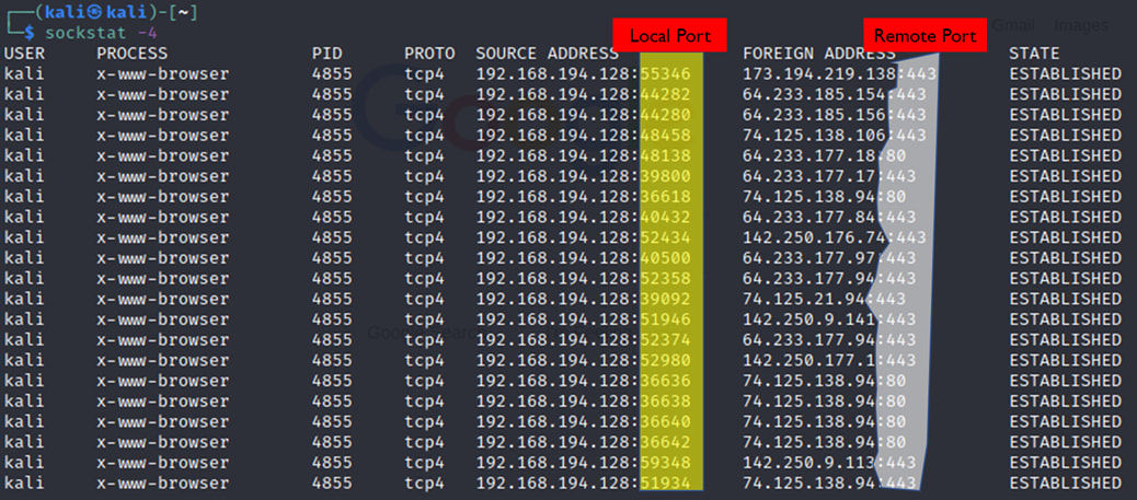 Linux command sockstat illustrating local and remote port numbers | Skanda Vivek