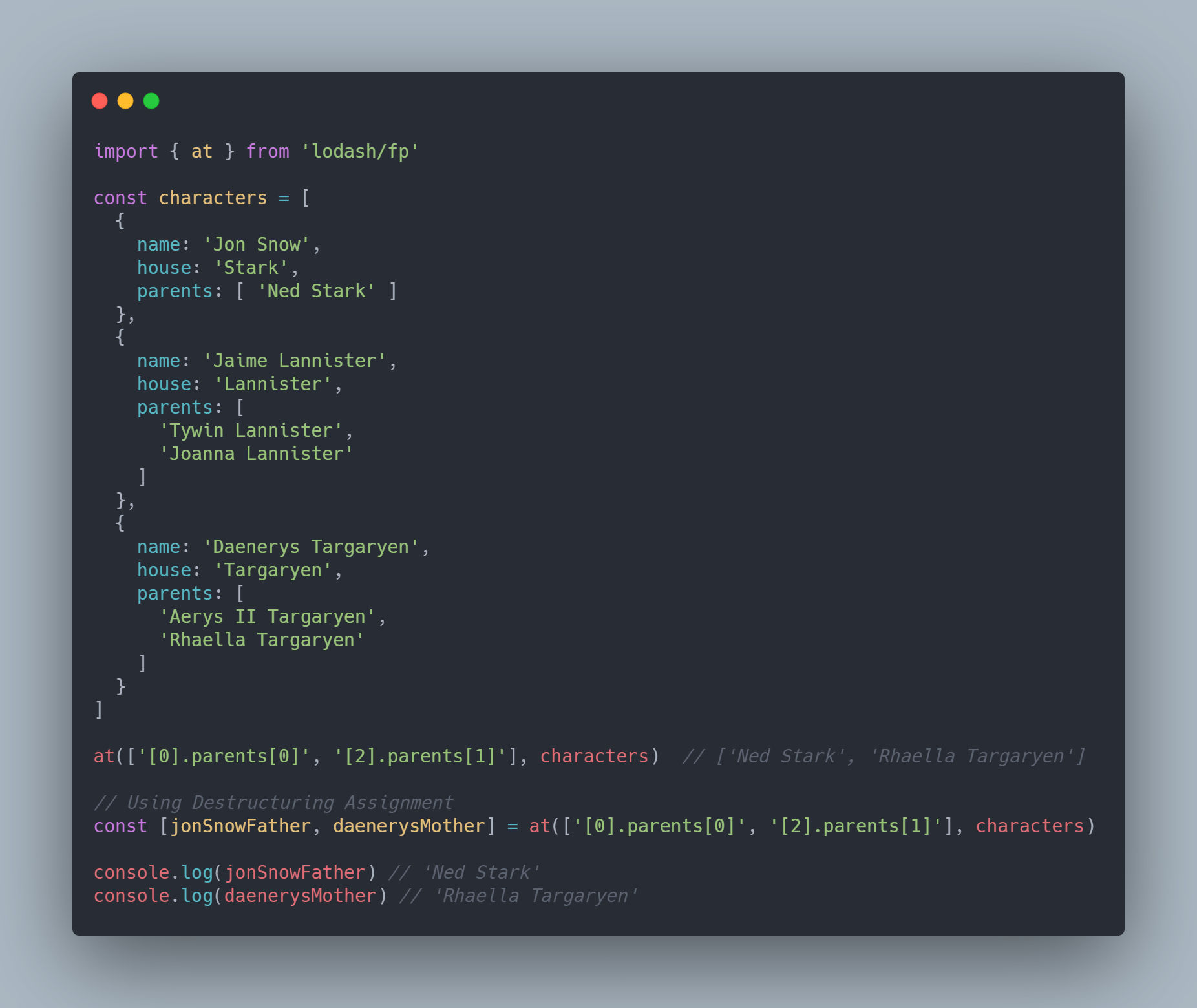 lodash/fp/at destructuring assignment usage with indexes